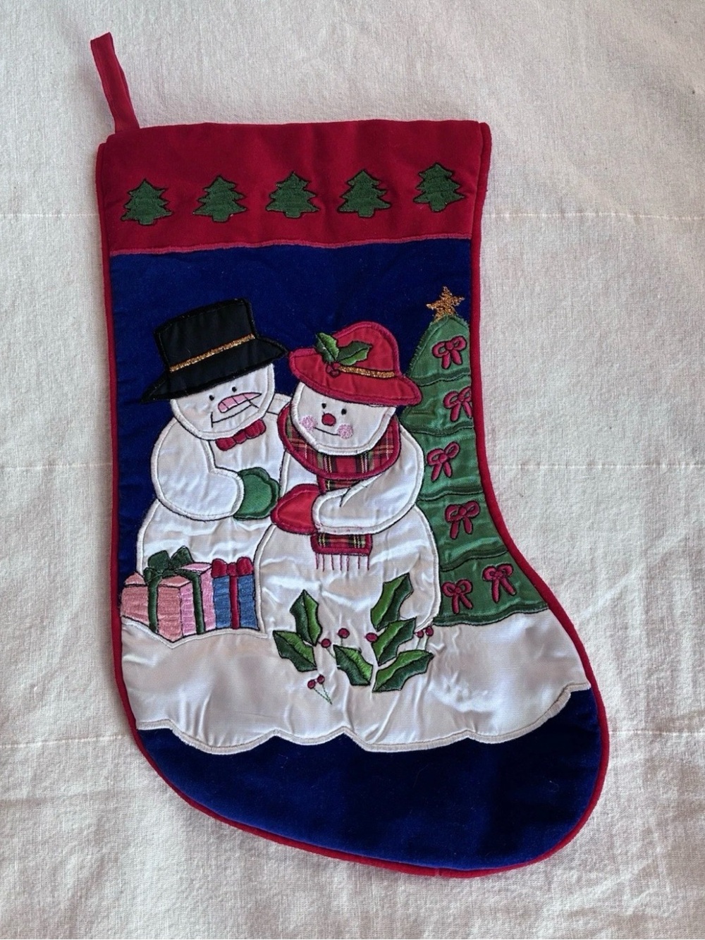 Vintage Embroidered Christmas Stocking Snowman Winter Present Tree Appliqué Navy
